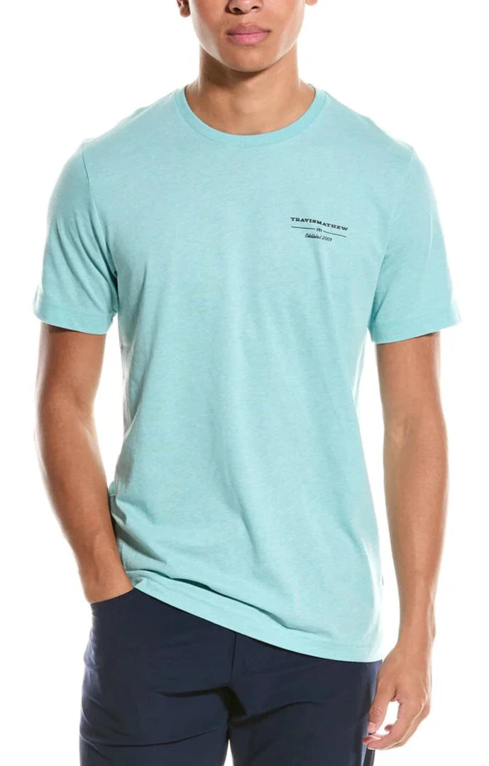TRAVIS MATHEW MENS FUN TO BE HAD T-SHIRT - HEATHER TURQUOISE