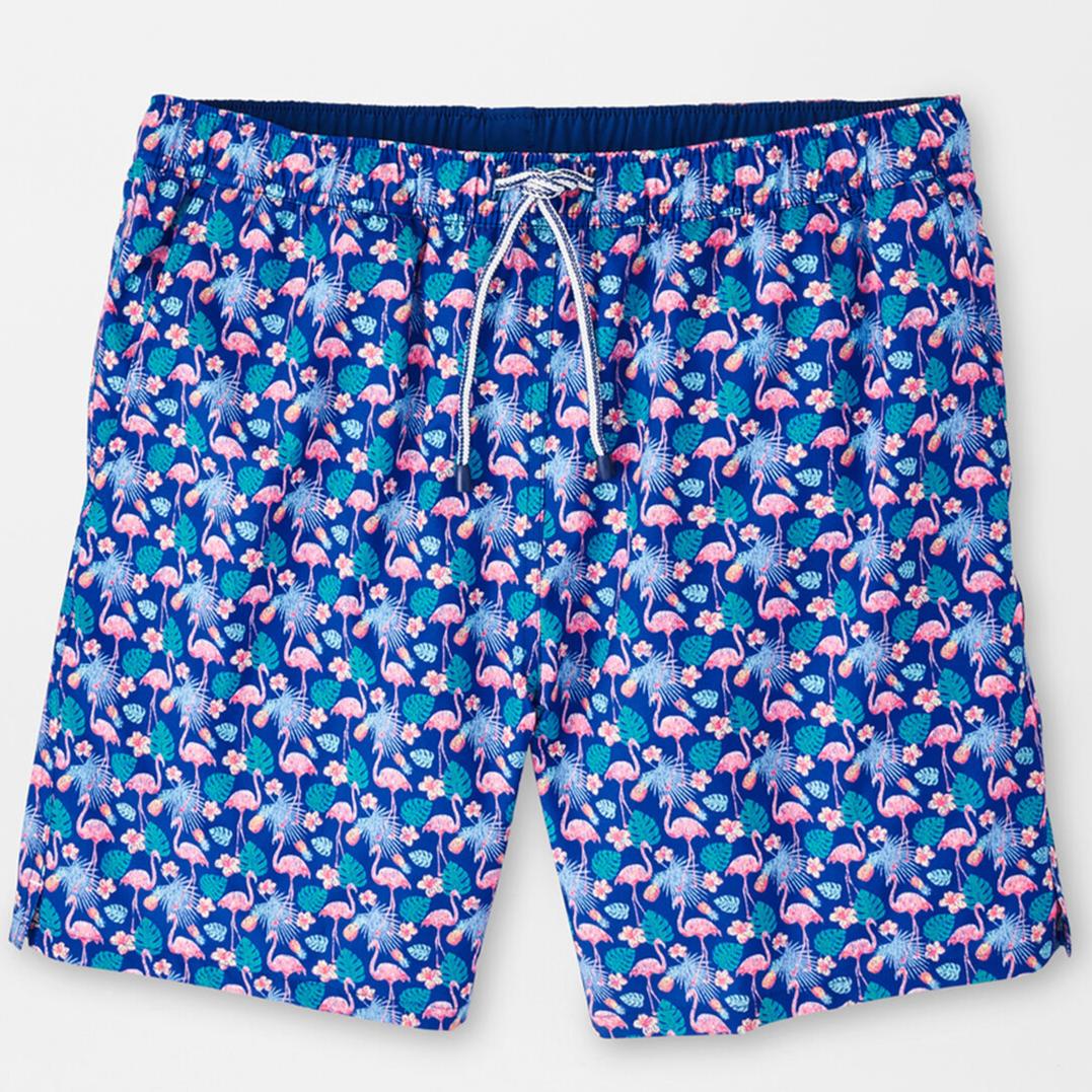 Peter Millar Mens Classic Fit FLAMINGO FLORAL Swim Trunk ATLANTIC BLUE