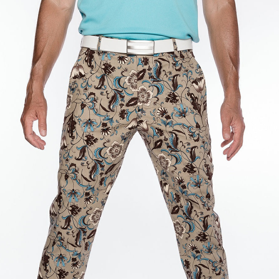 Sport Monaco Slim Fit Paisley Print Cotton Pants - TAN / BLUE