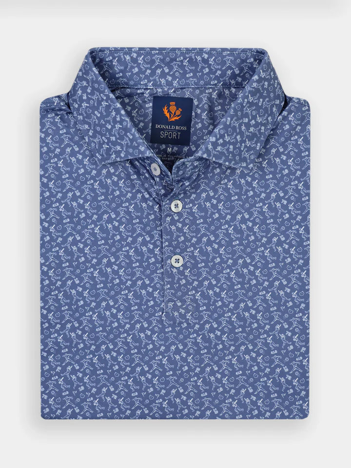 Donald Ross Mens Sport Fit GAVIN BASEBALL Print Polo - DENIM / WHITE