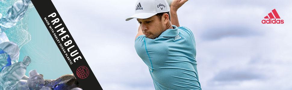Golfer taking a swing. Adidas Primeblue banner. 
