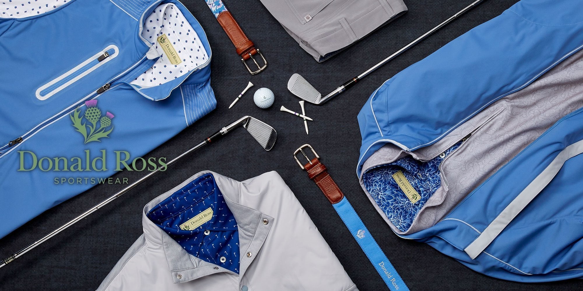 Golf clothing and gear laid out. Donald Ross logo.