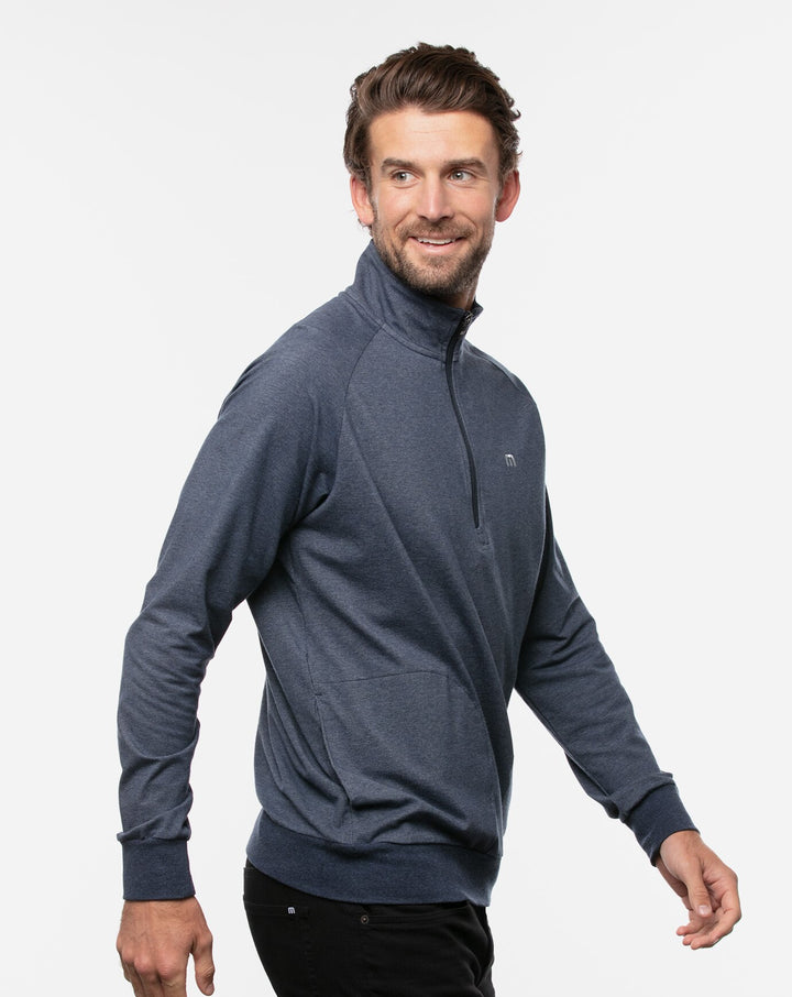 TRAVIS MATHEW MEN'S ZACKARY 1/4 ZIP PULLOVER - HEATHER BLUE NIGHTS