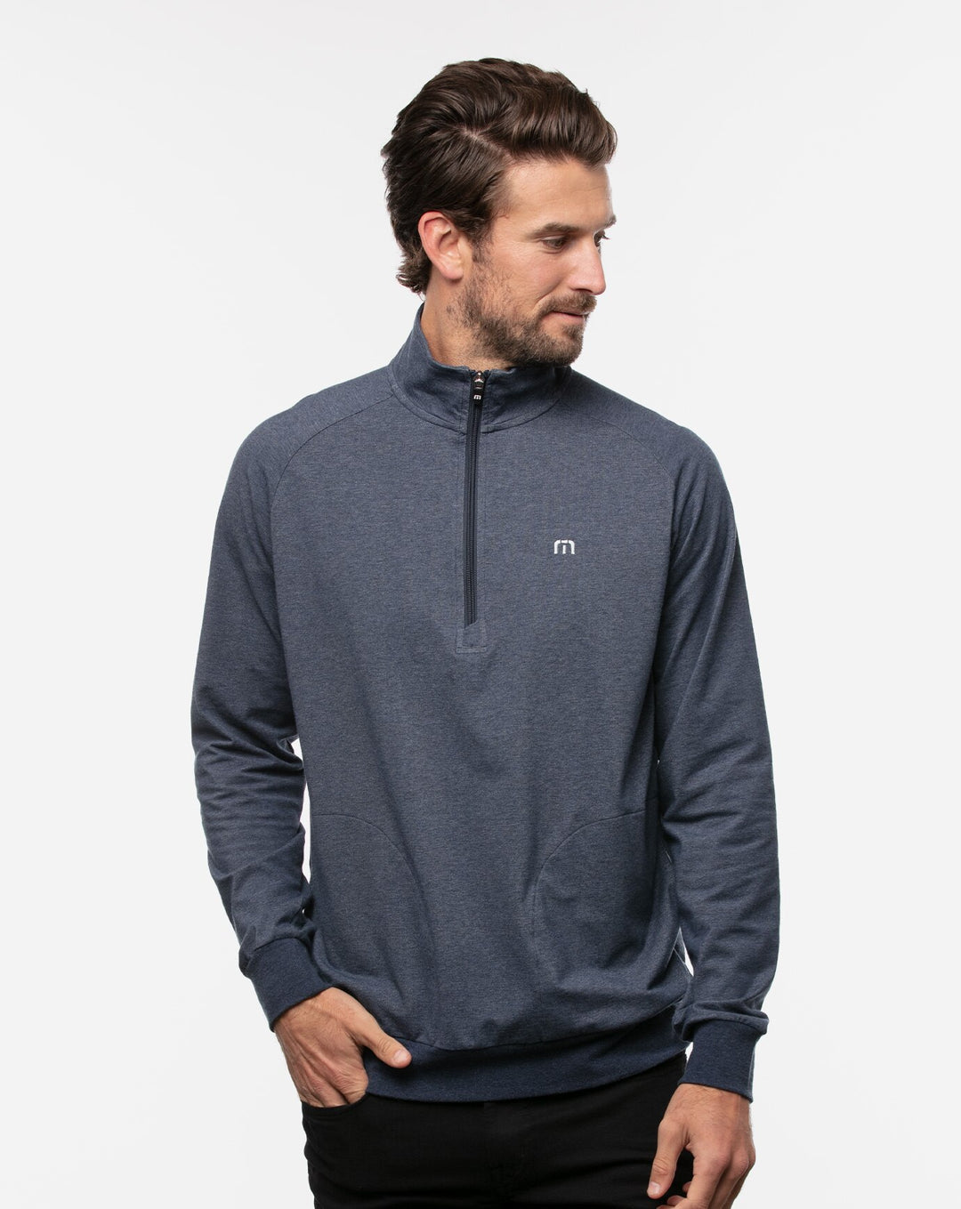 TRAVIS MATHEW MEN'S ZACKARY 1/4 ZIP PULLOVER - HEATHER BLUE NIGHTS