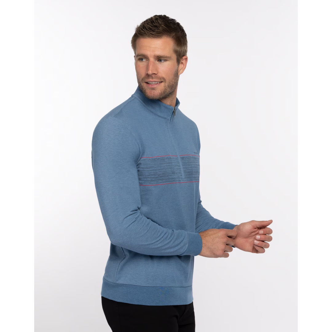 TRAVIS MATHEW MENS SPLASH OF COLOR QUARTER ZIP PULLOVER - HEATHER MID BLUE