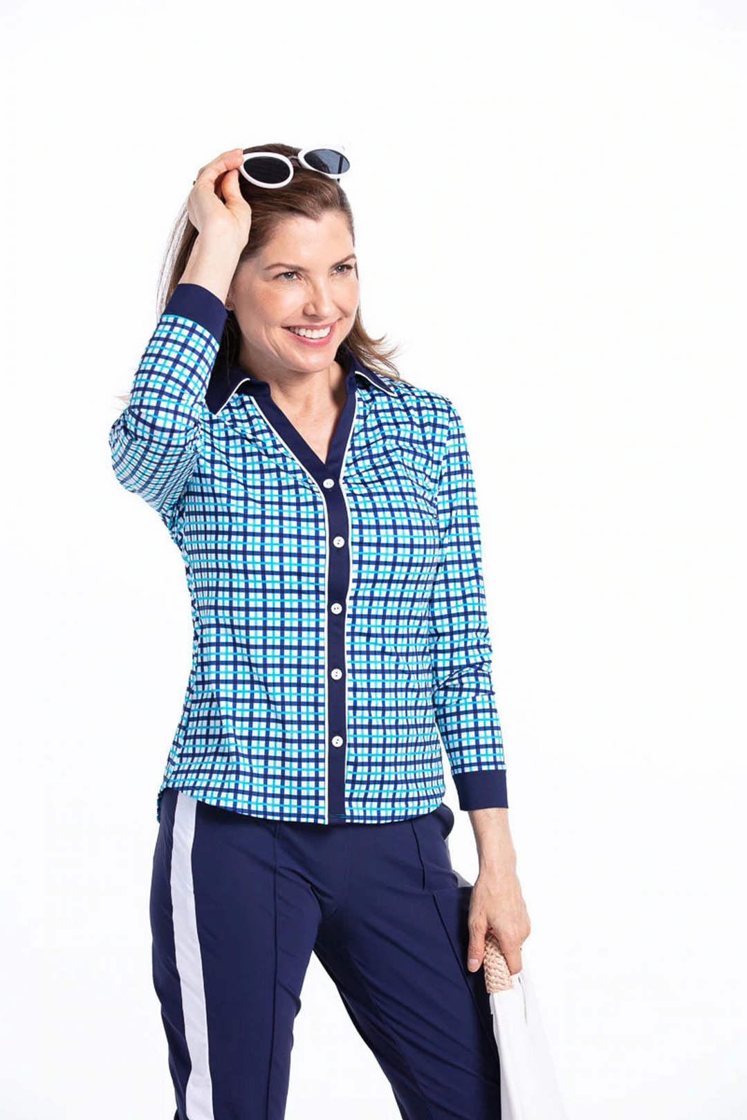 Kinona Women's UPF 50+ Class Act Long Sleeve Golf Shirt - Mediterranean Check