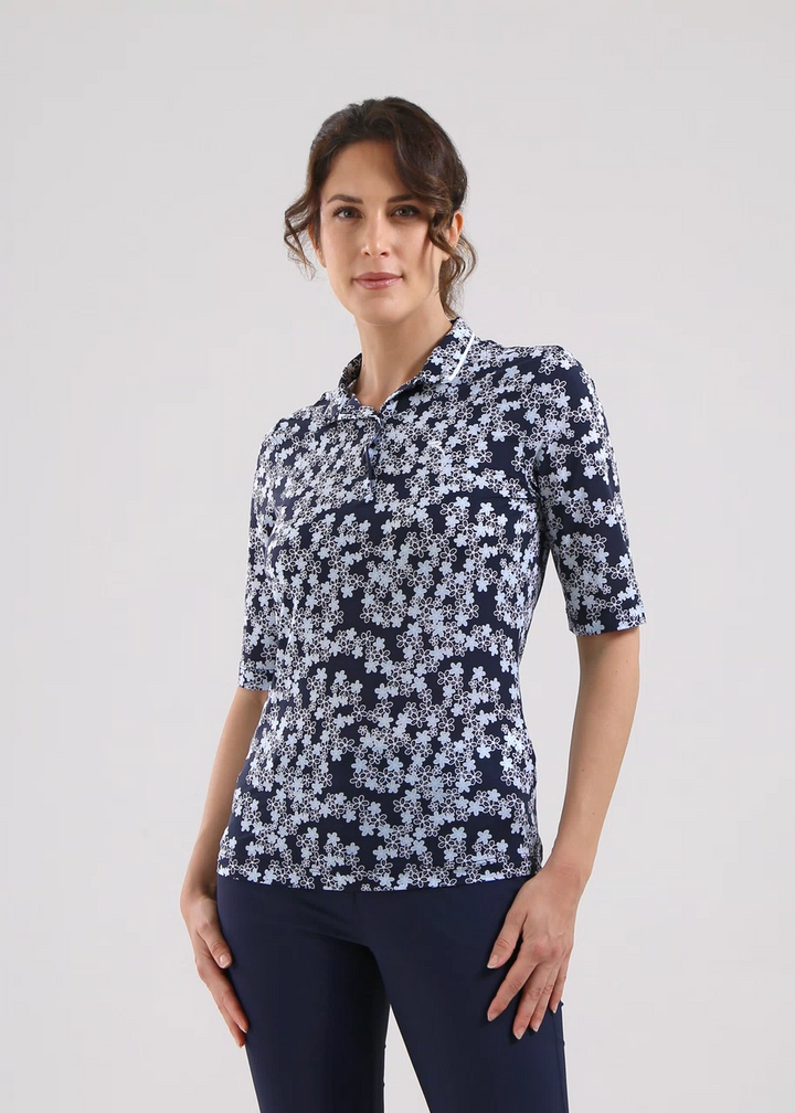 Chervo Women's AGADIR 3/4 Sleeve Floral Print Polo - NAVY / WHITE
