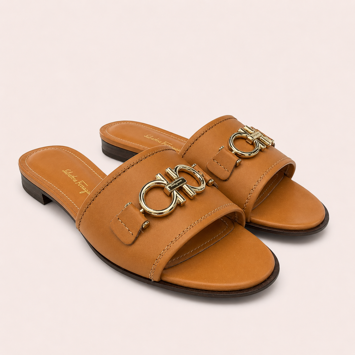 Ferragamo Women's Rhodes Gancini Leather Sandals – TAN