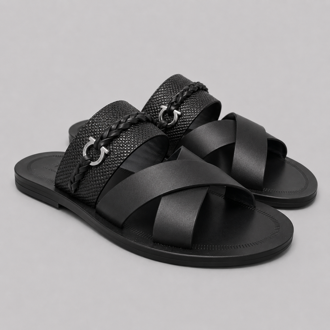Ferragamo Men's Gianci Braided Leather Sandals – BLACK