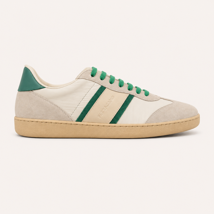 Ferragamo Men’s Dioniso Leather, Suede & Textile Sneakers – WHITE GREEN