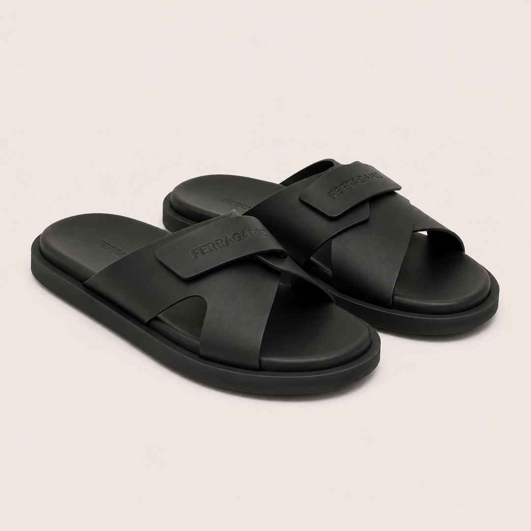 Ferragamo Men's Fidia Double Strap Leather Sandals – BLACK