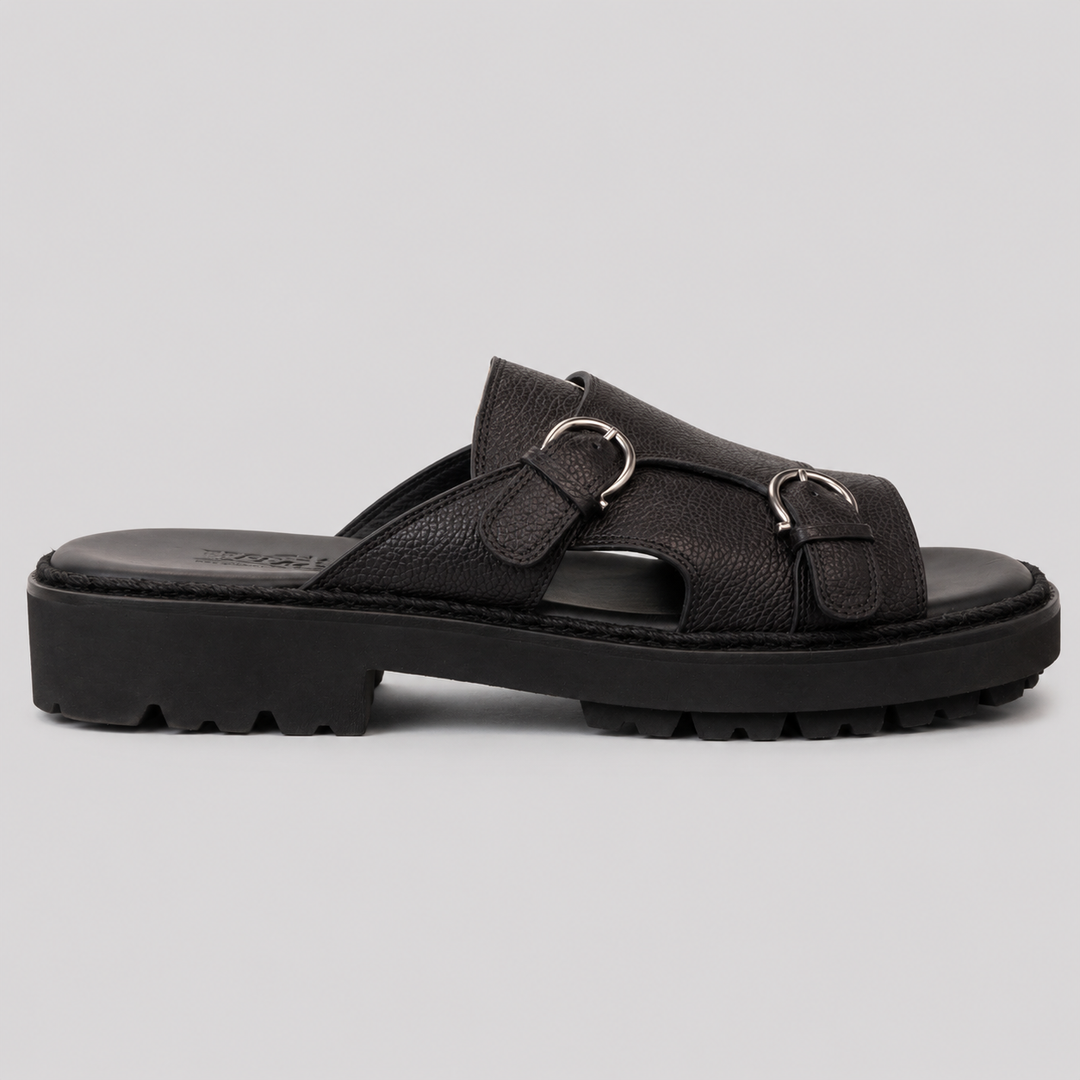 Ferragamo Men's Girby Double Buckle Leather Sandals – BLACK