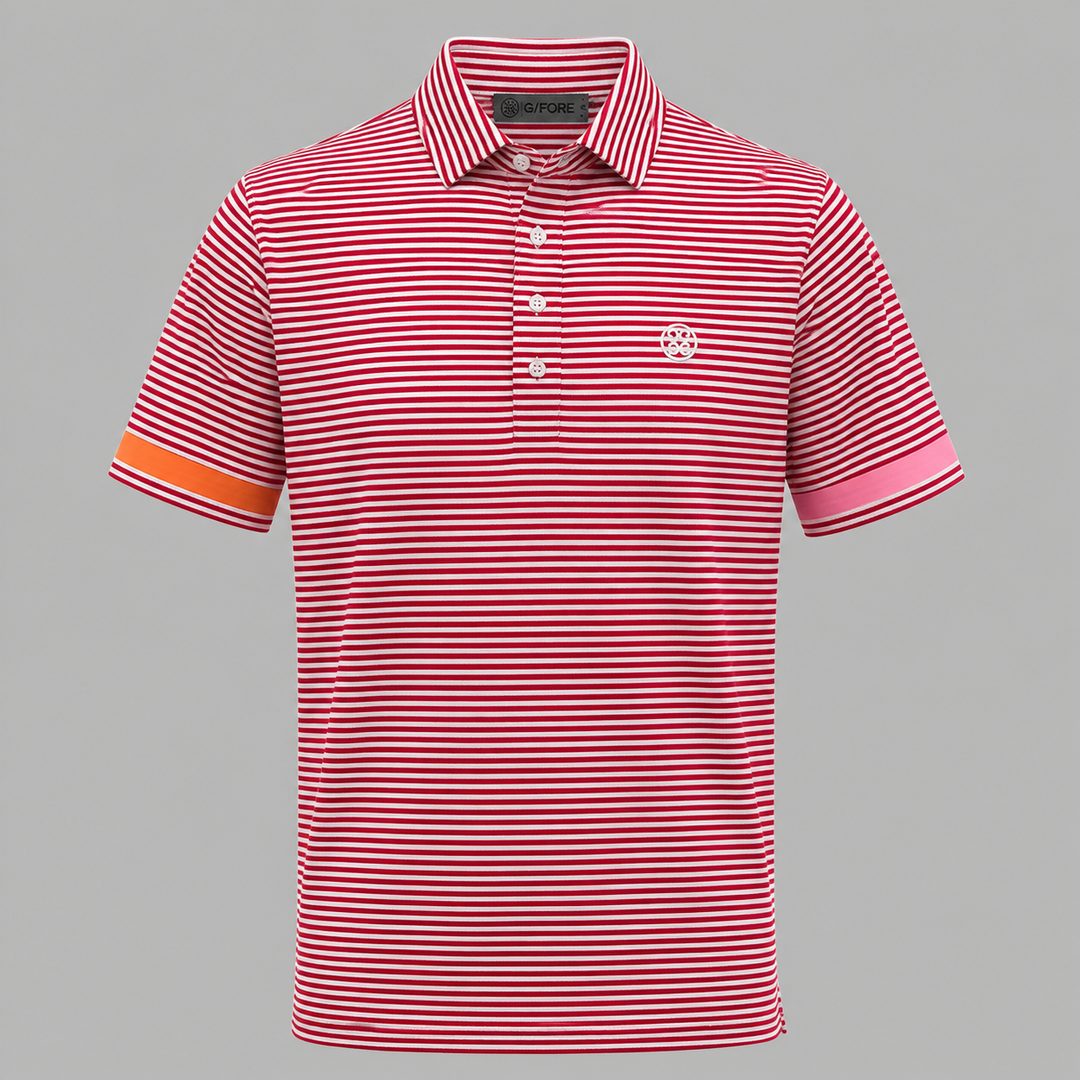 G/FORE MEN'S LTD EDITION FEEDER STRIPE TECH PIQUÉ MODERN SPREAD COLLAR POLO - LAVA