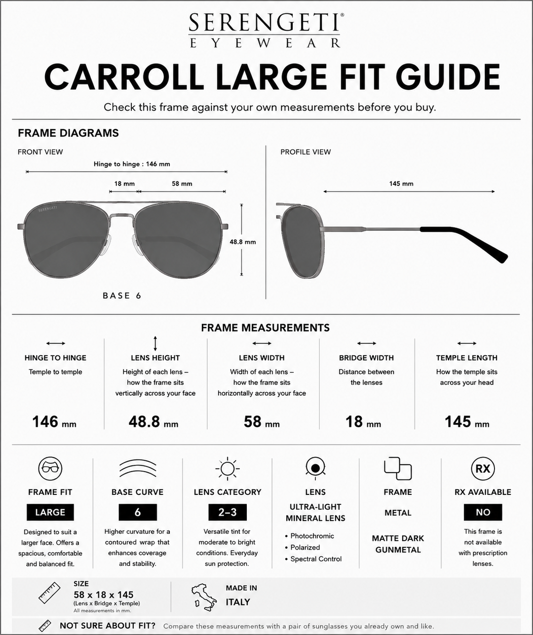 Serengeti CARROLL LARGE Polarized Sunglasses - DARK GUNMETAL