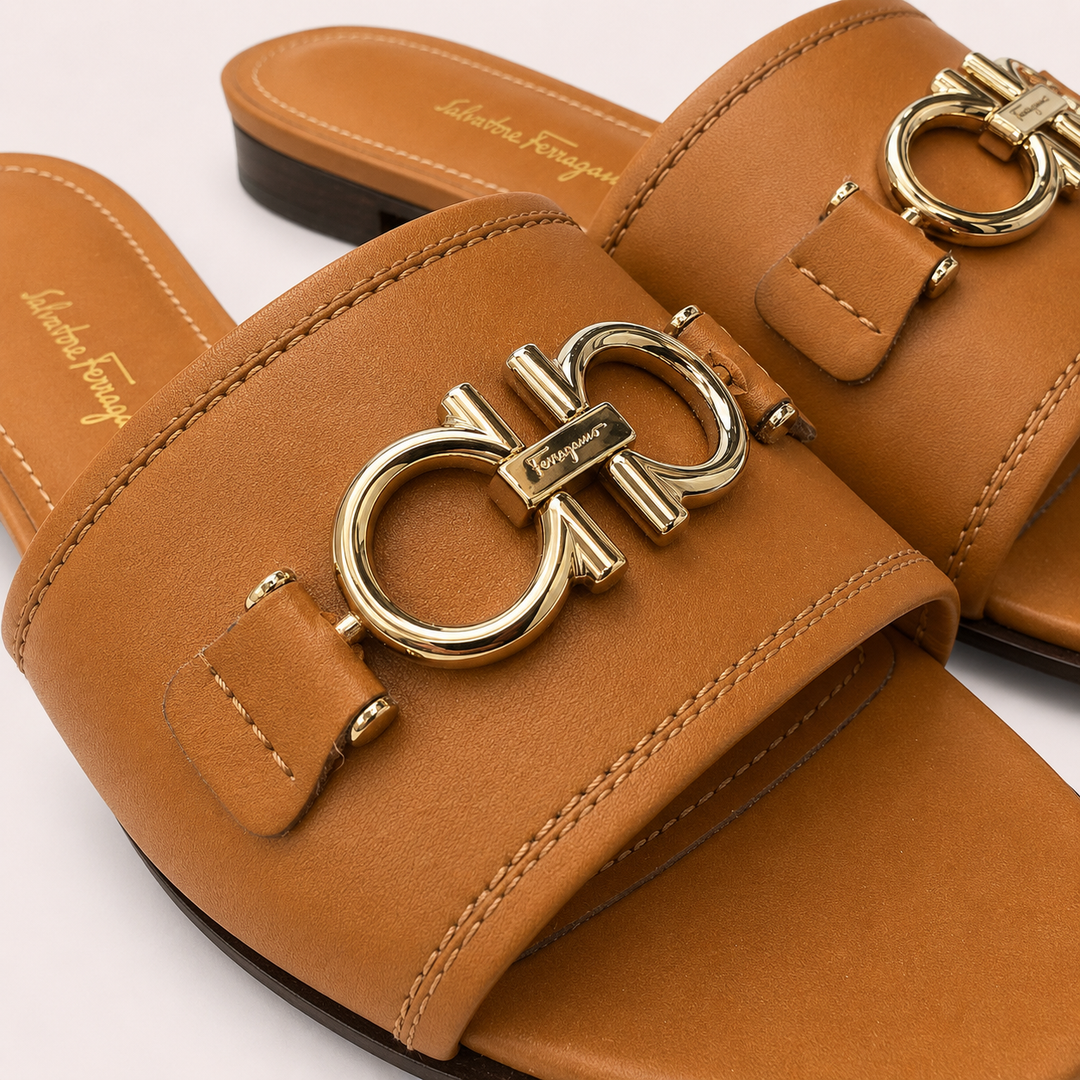 Ferragamo Women's Rhodes Gancini Leather Sandals – TAN