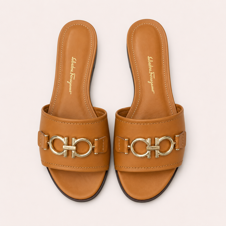 Ferragamo Women's Rhodes Gancini Leather Sandals – TAN
