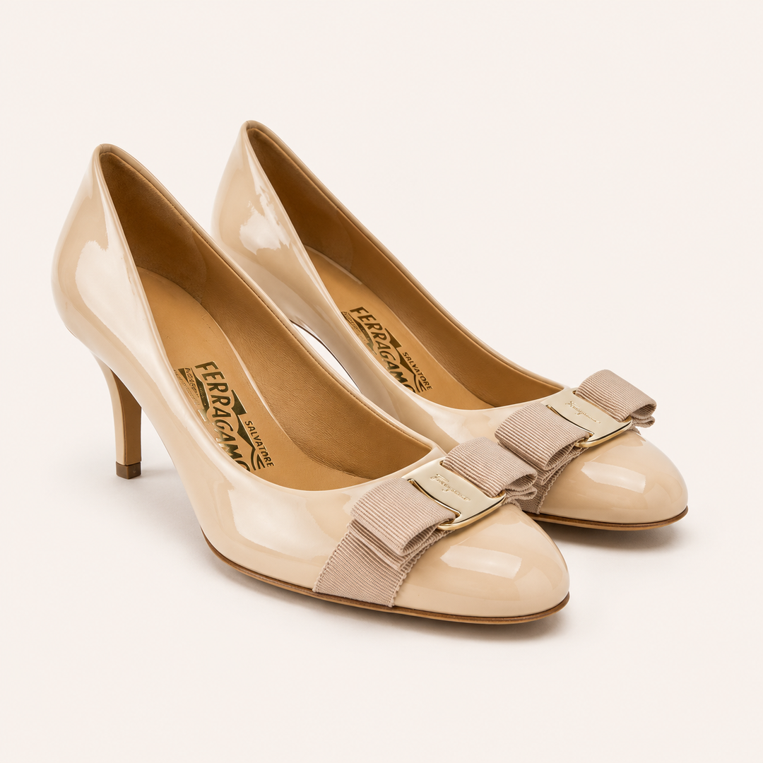 Ferragamo Women's Vara Bow Patent Leather Pumps – NEW BISQUE