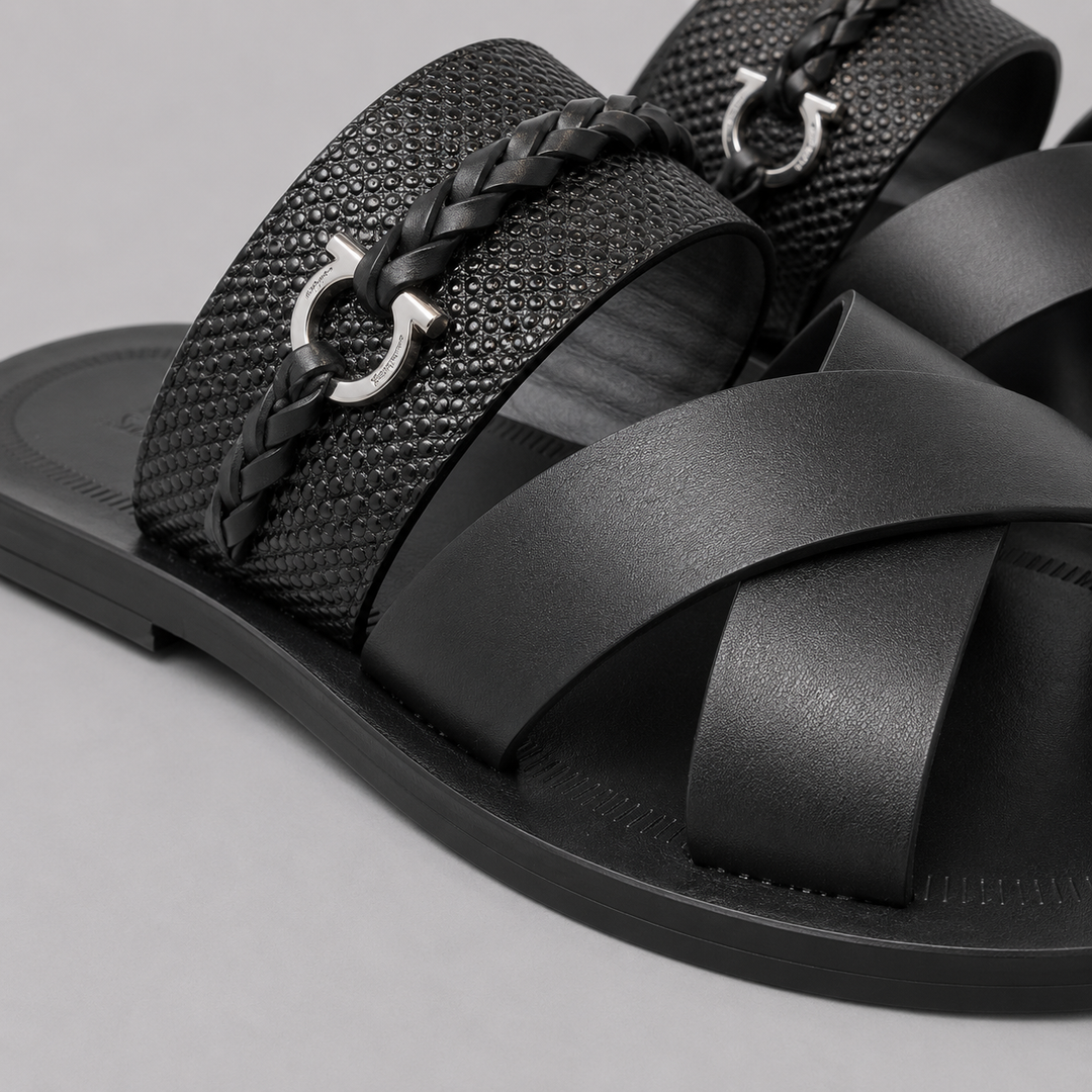 Ferragamo Men's Gianci Braided Leather Sandals – BLACK