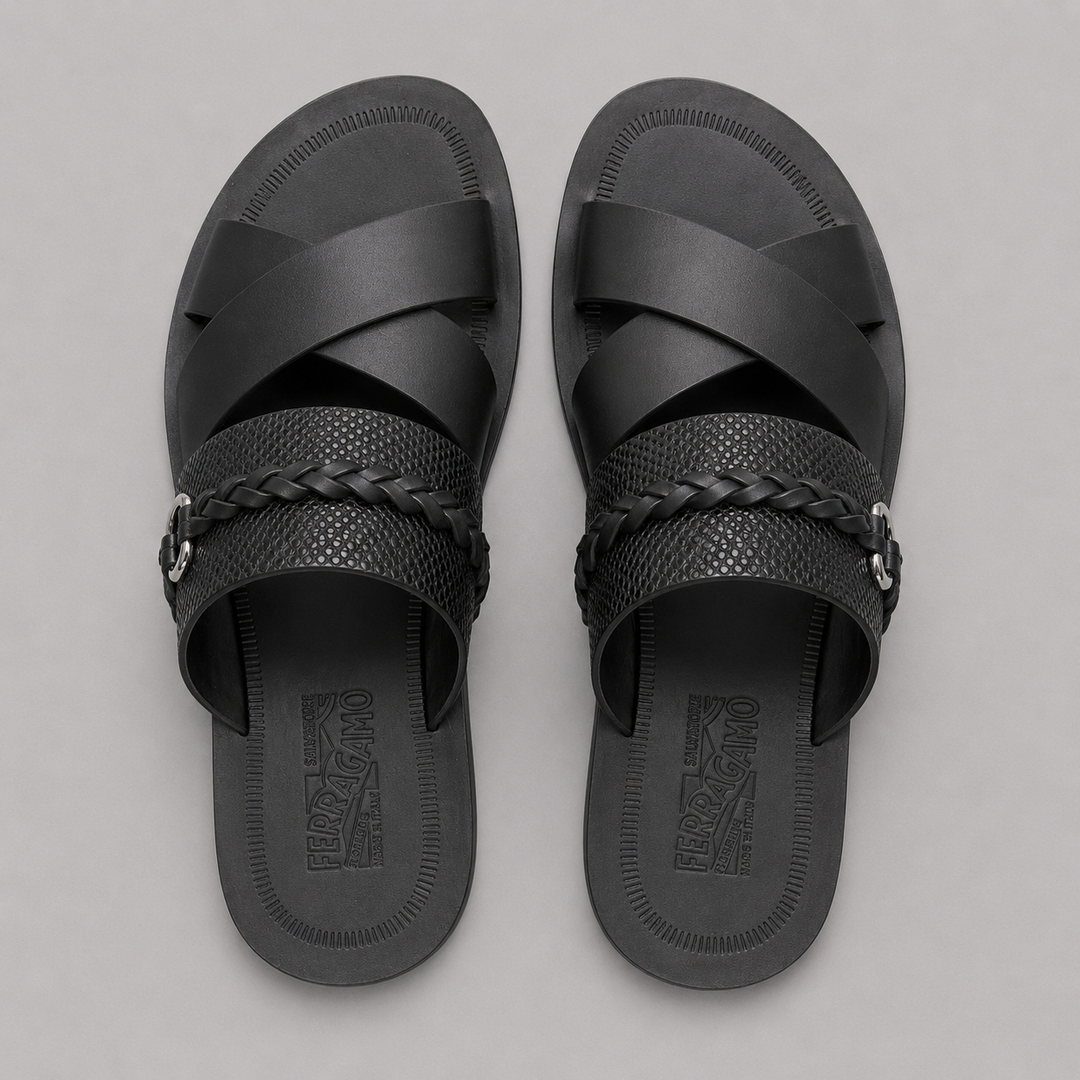 Ferragamo Men's Gianci Braided Leather Sandals – BLACK