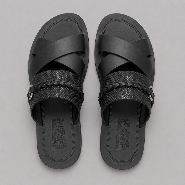 Ferragamo Men's Gianci Braided Leather Sandals – BLACK