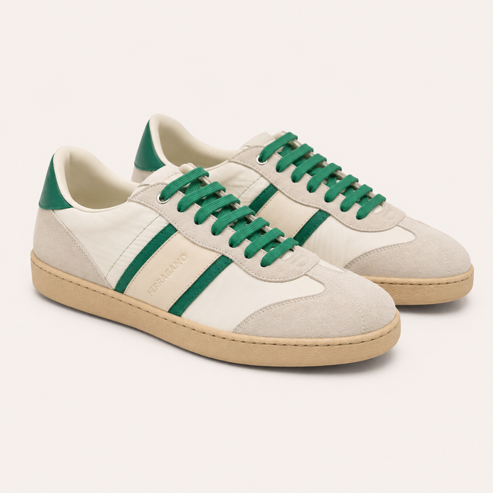 Ferragamo Men’s Dioniso Leather, Suede & Textile Sneakers – WHITE GREEN