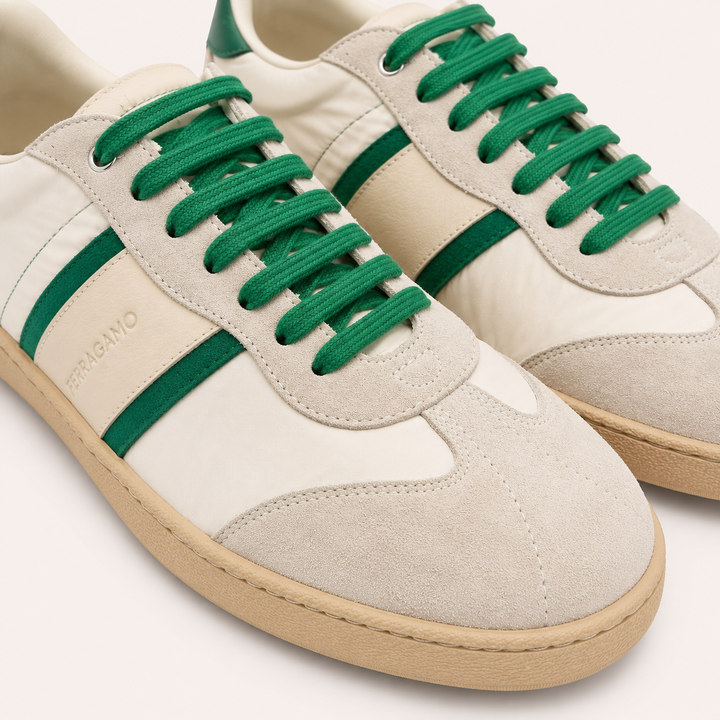 Ferragamo Men’s Dioniso Leather, Suede & Textile Sneakers – WHITE GREEN