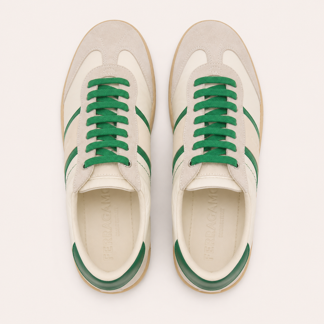 Ferragamo Men’s Dioniso Leather, Suede & Textile Sneakers – WHITE GREEN