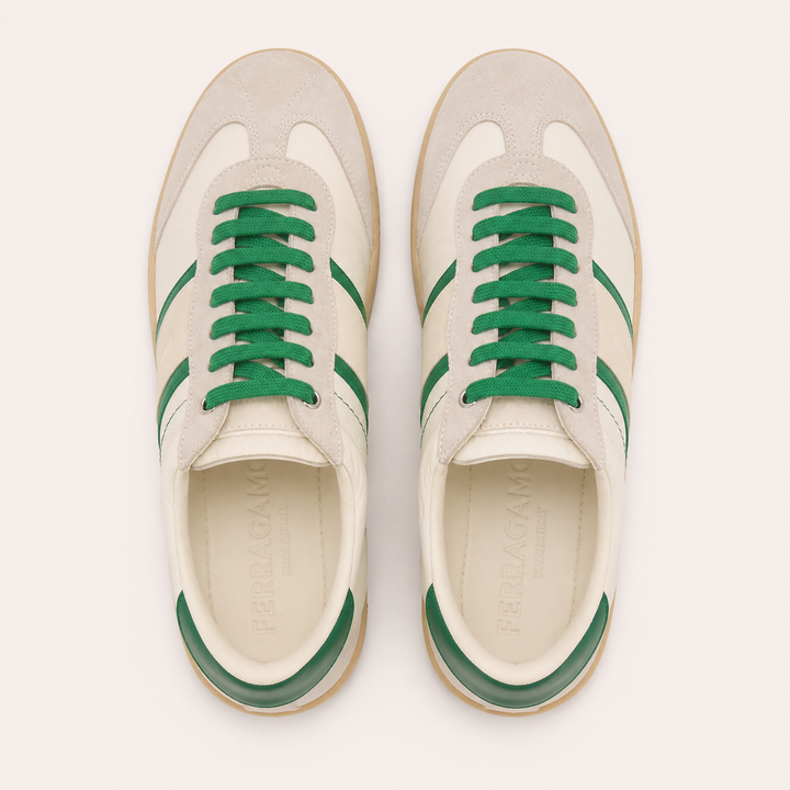 Ferragamo Men’s Dioniso Leather, Suede & Textile Sneakers – WHITE GREEN