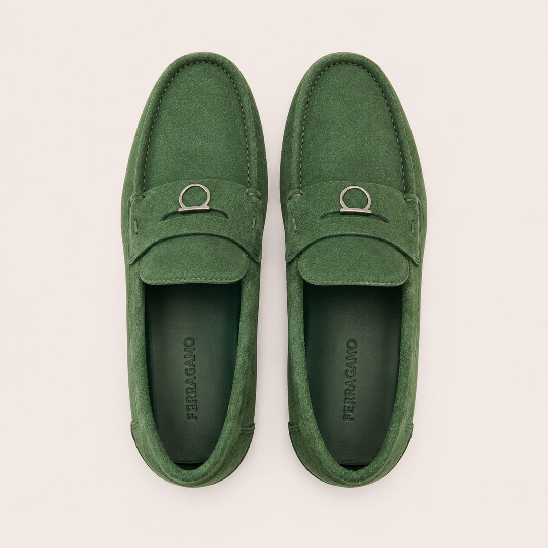 Ferragamo Men's Dougan Suede Gancini Driver Moccasins – GREEN