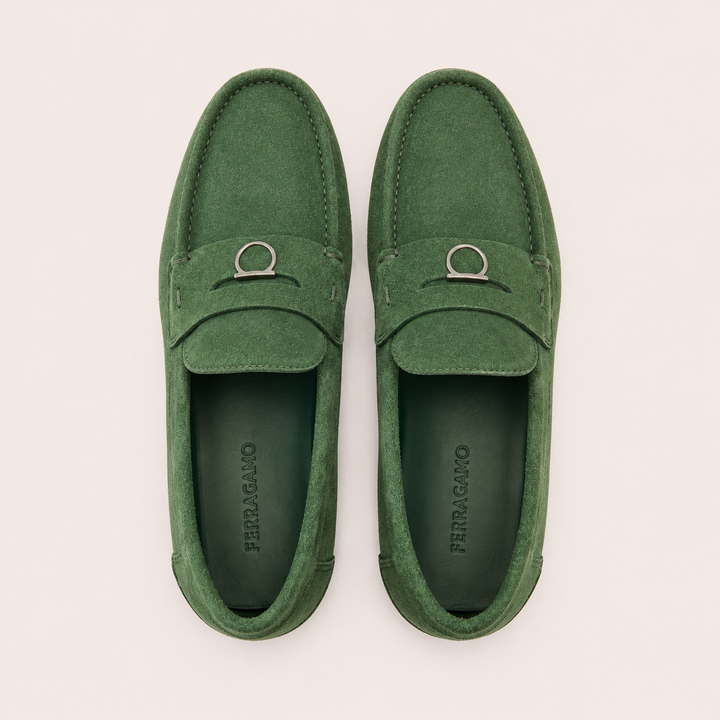 Ferragamo Men's Dougan Suede Gancini Driver Moccasins – GREEN