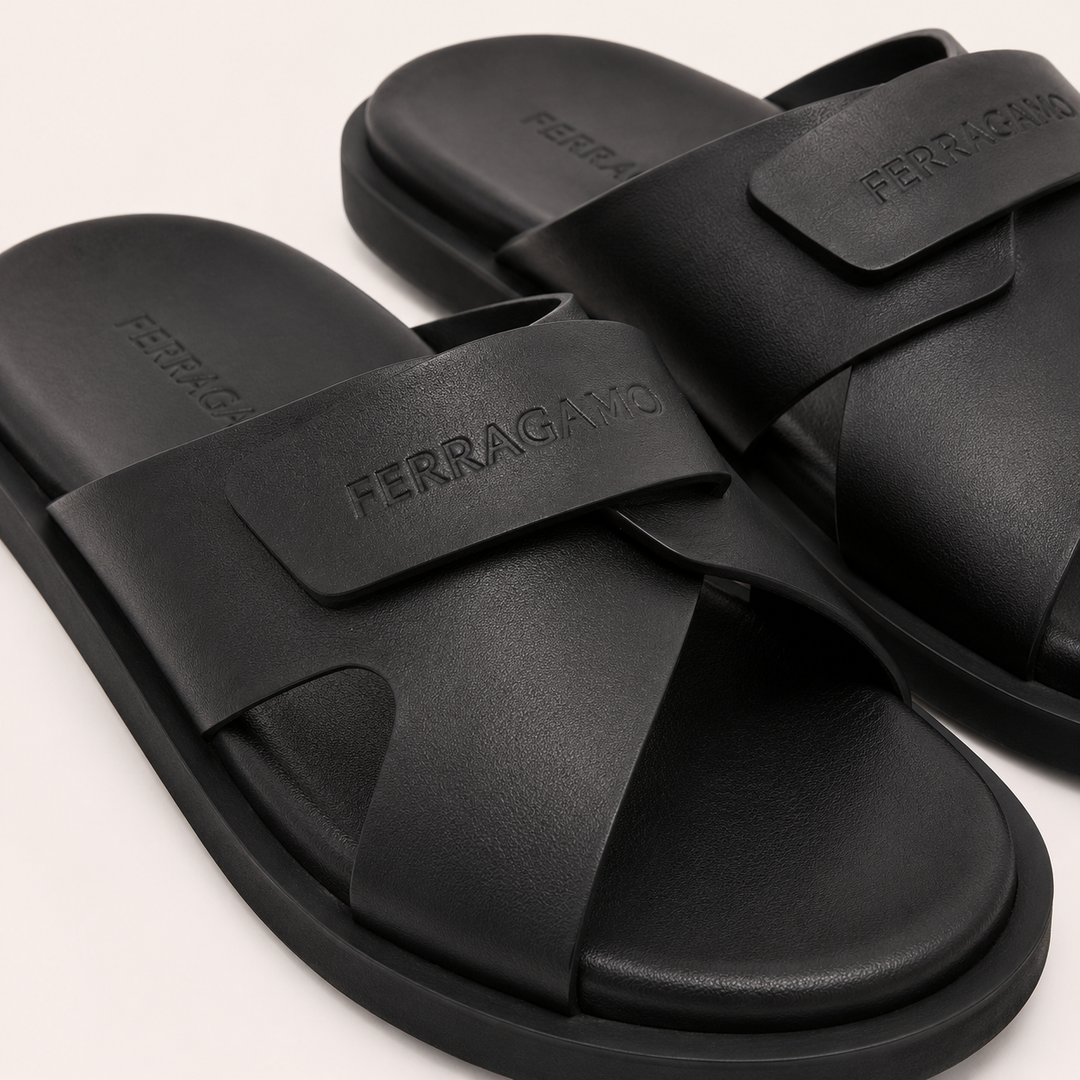 Ferragamo Men's Fidia Double Strap Leather Sandals – BLACK