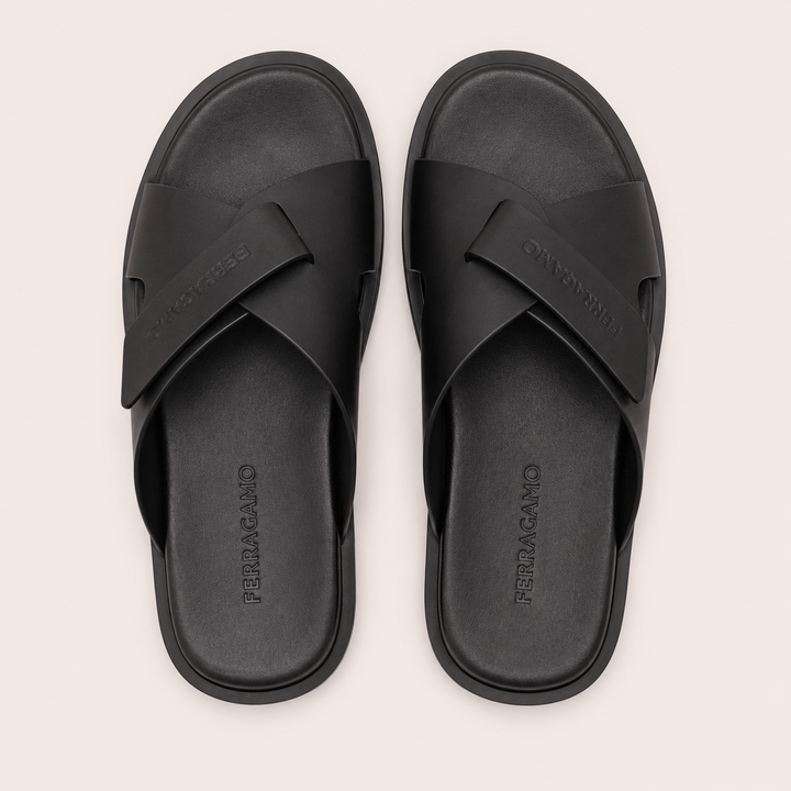 Ferragamo Men's Fidia Double Strap Leather Sandals – BLACK