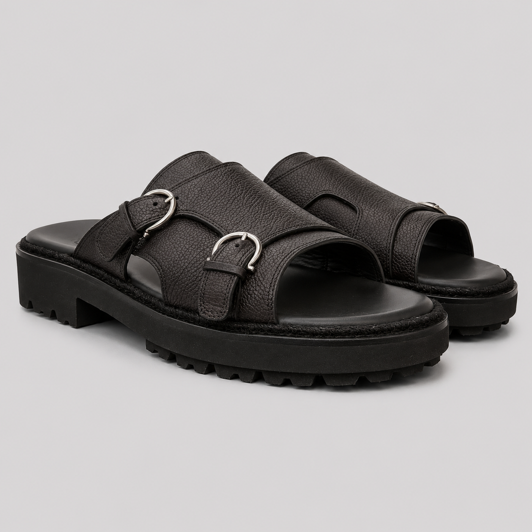 Ferragamo Men's Girby Double Buckle Leather Sandals – BLACK
