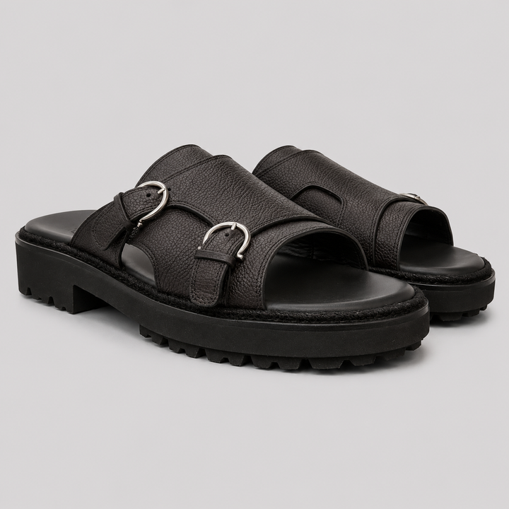 Ferragamo Men's Girby Double Buckle Leather Sandals – BLACK
