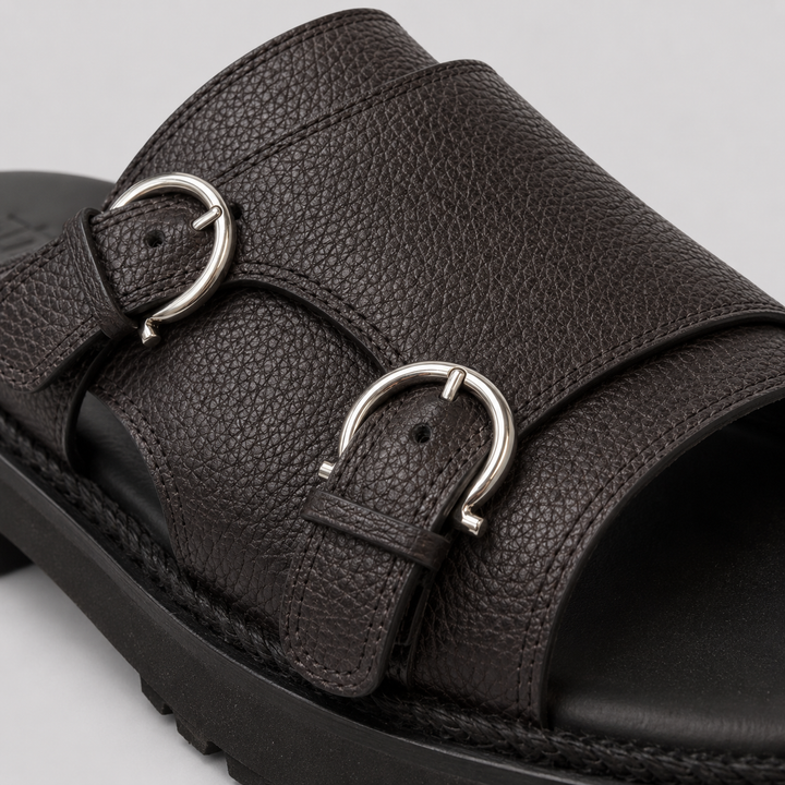 Ferragamo Men's Girby Double Buckle Leather Sandals – BLACK