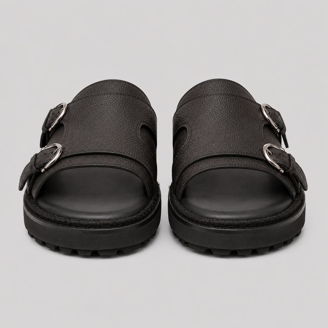 Ferragamo Men's Girby Double Buckle Leather Sandals – BLACK