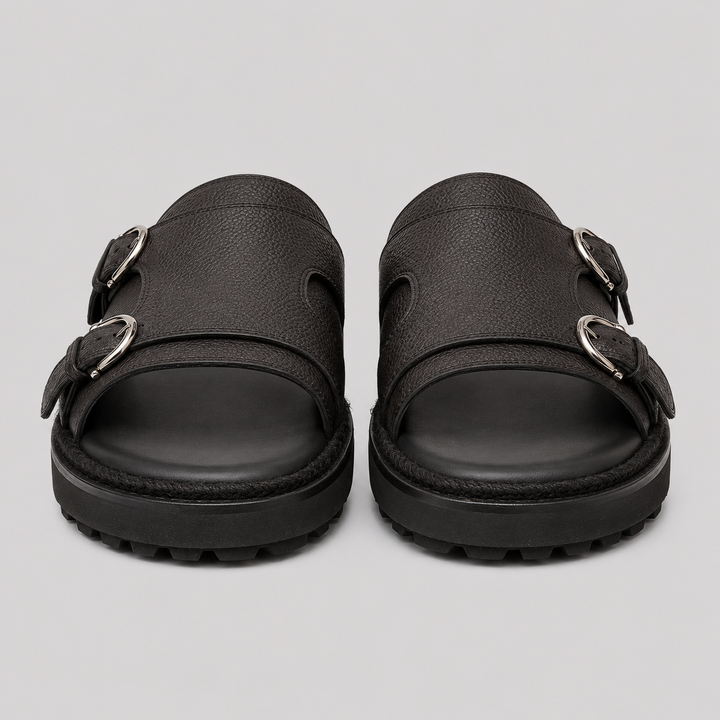 Ferragamo Men's Girby Double Buckle Leather Sandals – BLACK