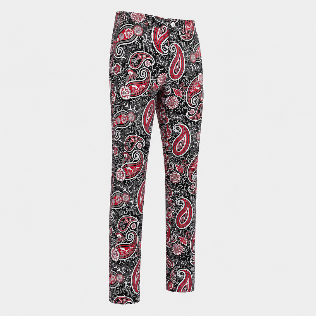 Sport Monaco Slim Fit Paisley Print Cotton Pants - BLACK / RED / MULTI