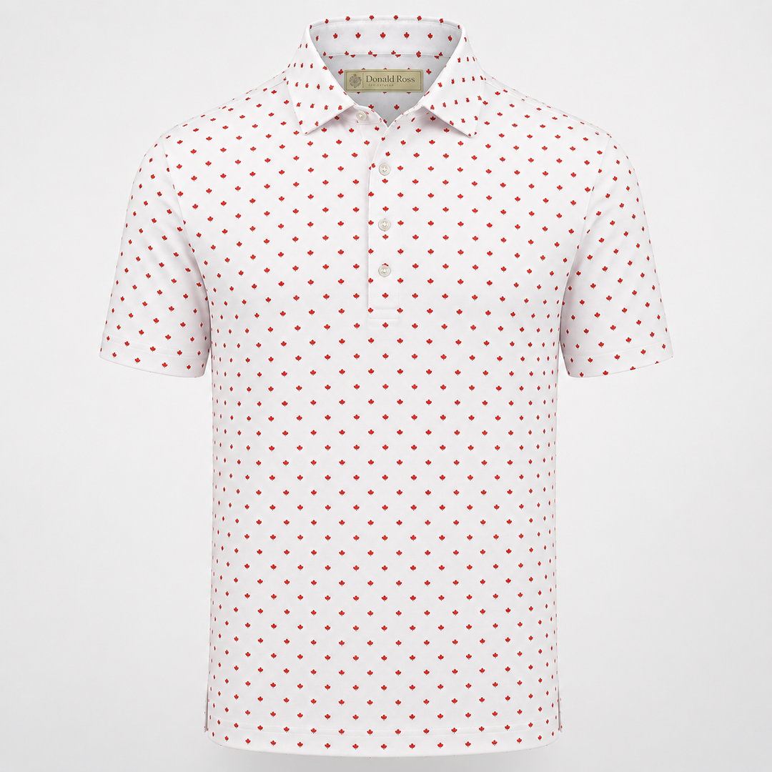 Donald Ross Men's Ltd Edition Classic Fit Maple Leaf Print Polo Shirt- WHITE / RED
