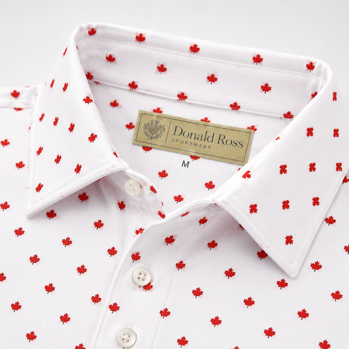 Donald Ross Men's Ltd Edition Classic Fit Maple Leaf Print Polo Shirt- WHITE / RED