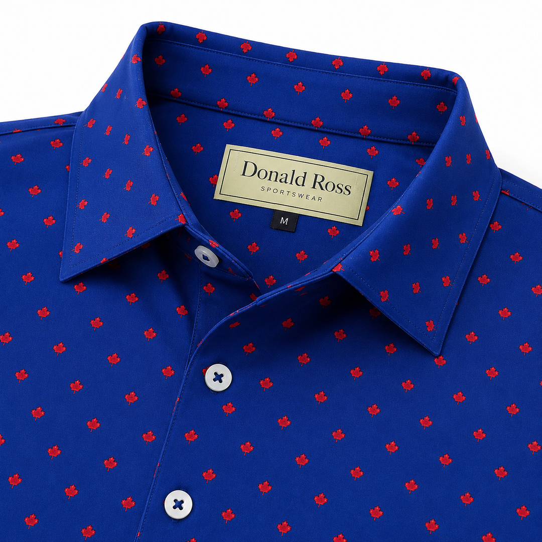 Donald Ross Mens LTD EDITION Classic Fit Maple Leaf Print Polo Shirt- NAVY/MOROCCO
