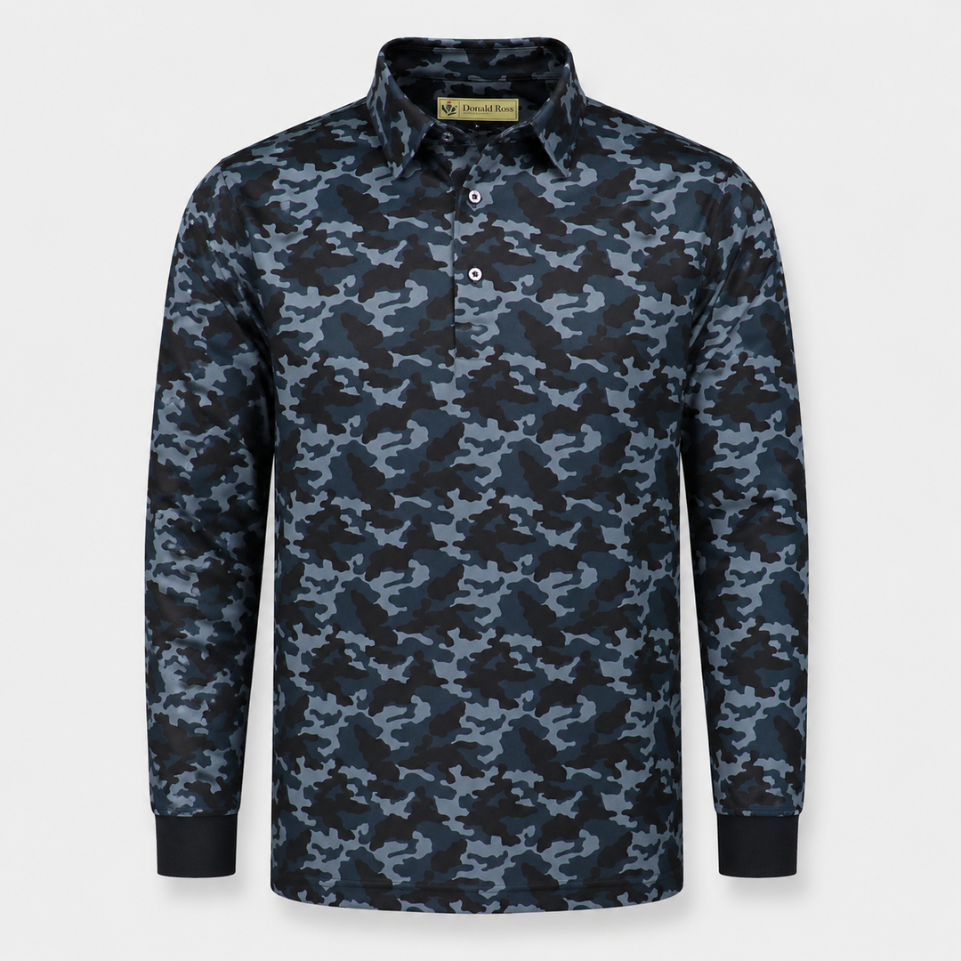 Donald Ross Classic Fit Mens Long Sleeve Tonal Camo Print Polo - BLACK