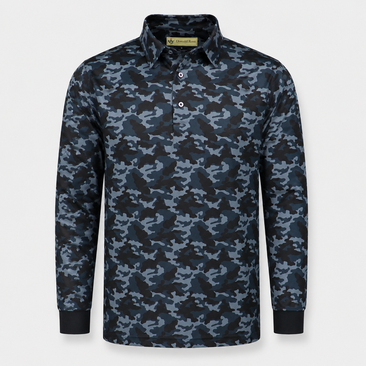 Donald Ross Classic Fit Mens Long Sleeve Tonal Camo Print Polo - BLACK