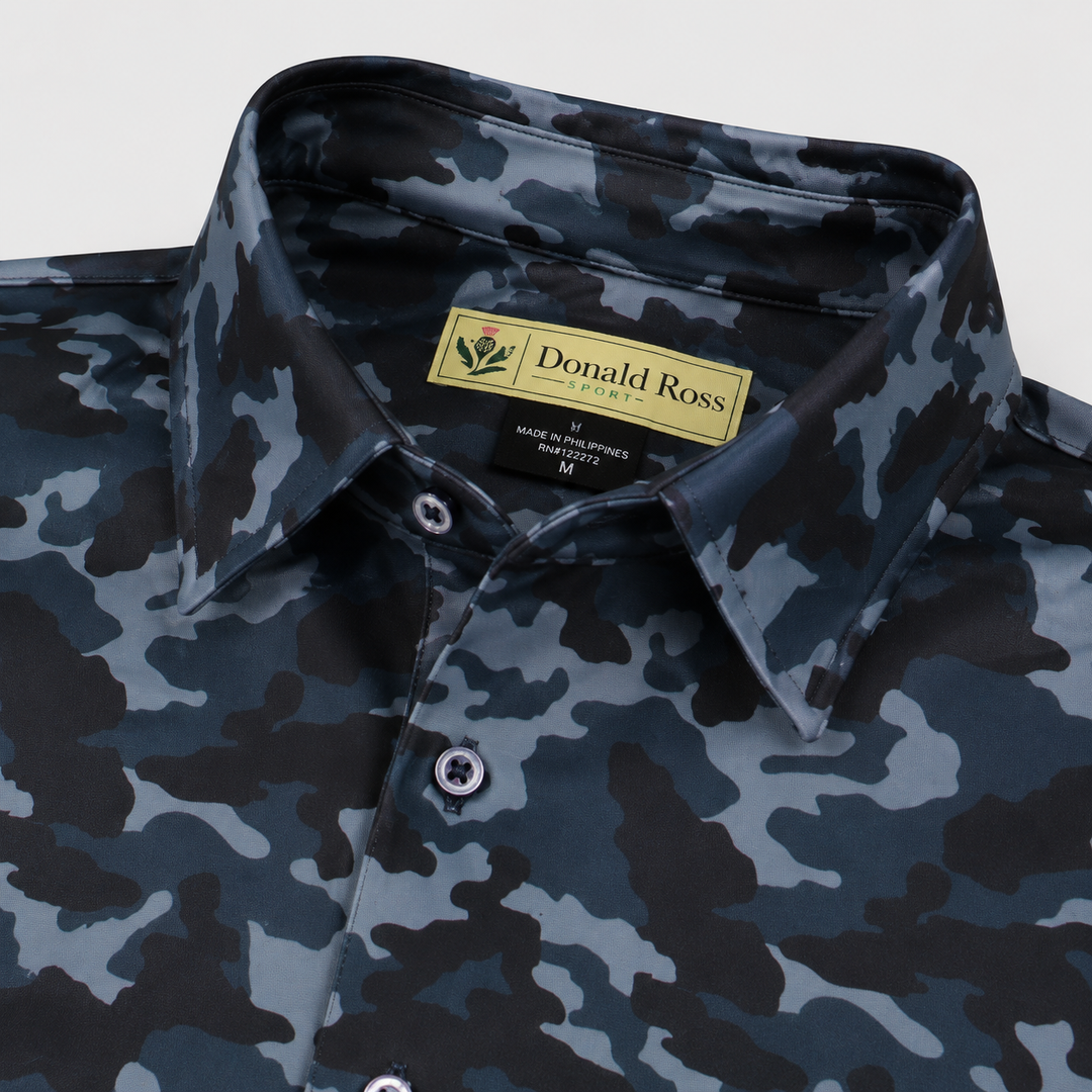 Donald Ross Classic Fit Mens Long Sleeve Tonal Camo Print Polo - BLACK