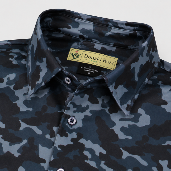 Donald Ross Classic Fit Mens Long Sleeve Tonal Camo Print Polo - BLACK