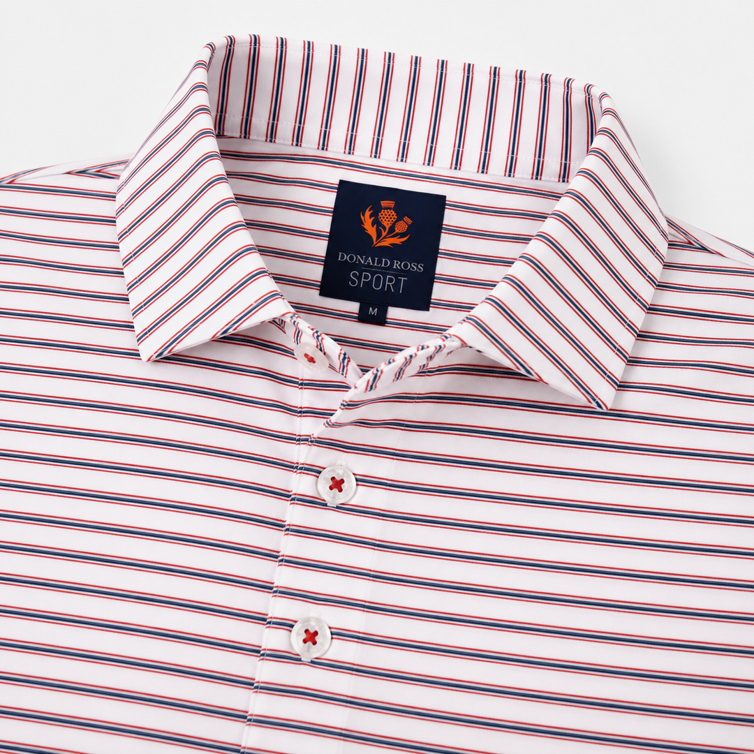 Donald Ross Mens Sport Fit HARRIS  Polo - WHITE / DENIM / RED APPLE