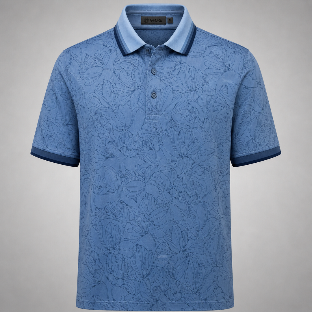 G/FORE MEN'S MINI FLORAL PRINT BANDED SLEEVE TECH PIQUÉ POLO - DRIZZLE