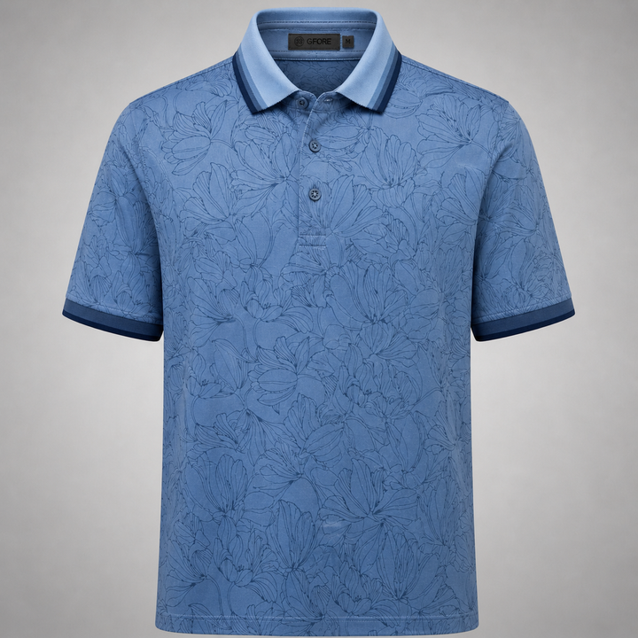 G/FORE MEN'S MINI FLORAL PRINT BANDED SLEEVE TECH PIQUÉ POLO - DRIZZLE