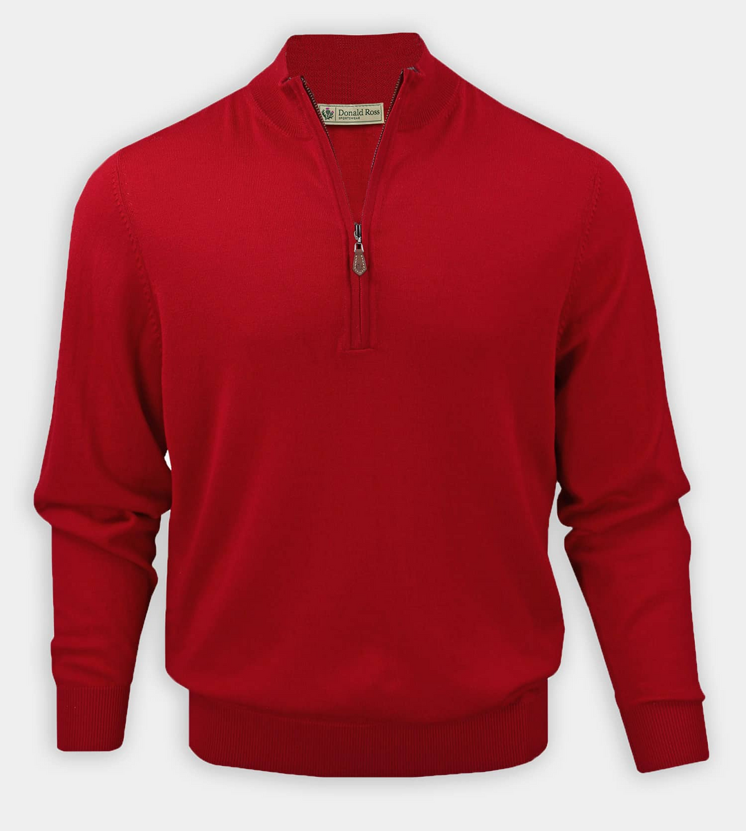 Donald Ross Mens Classic Fit - Italian Merino Quarter-Zip Sweater - SCARLET