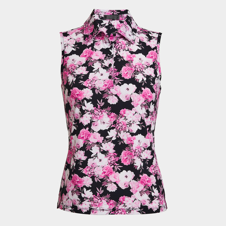 G/FORE WOMENS PHOTO FLORAL SILKY TECH NYLON SLEEVELESS POLO - ONYX